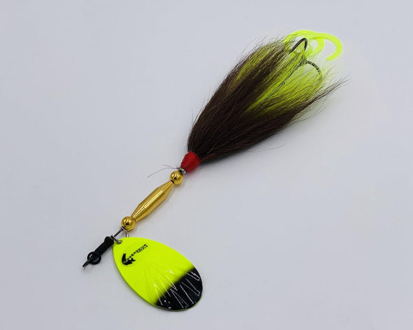 Shitruese This is the Marvin Bucktail version of the fluted #7 bladed bait from Pandemonium Tackle. This bait is built with the same Roswell flexible wire that has made their leaders popular. The non kink wire allows the lure to withstand the punishment of many musky catches. This bait can take the abuse of multiple big musky!
