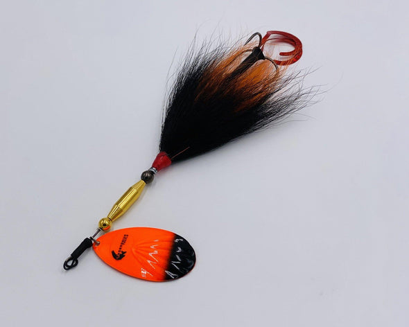 Orange/Black This is the Marvin Bucktail version of the fluted #7 bladed bait from Pandemonium Tackle. This bait is built with the same Roswell flexible wire that has made their leaders popular. The non kink wire allows the lure to withstand the punishment of many musky catches. This bait can take the abuse of multiple big musky!