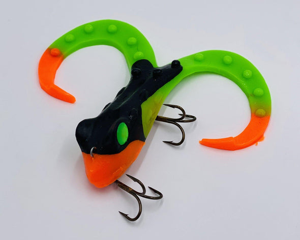 Black green orange Lake X Lures has forged ahead in the world of soft plastics with their X Toad. Long tantalizing “legs” and eye-catching color patterns are just the beginning